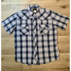 Vintage Rustler Western Pearl Snap Shirt Short Sleeve Men's L Blue Plaid Silver